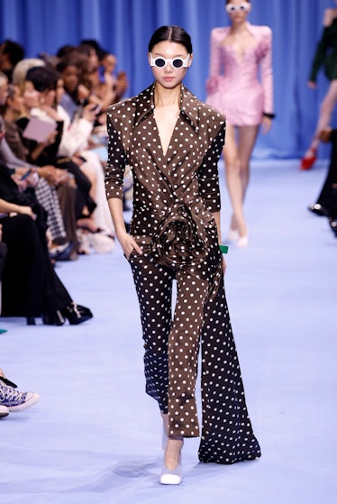 A model presents a creation by Balmain as part of its Spring/Summer 2024 ready-to-wear collections d...