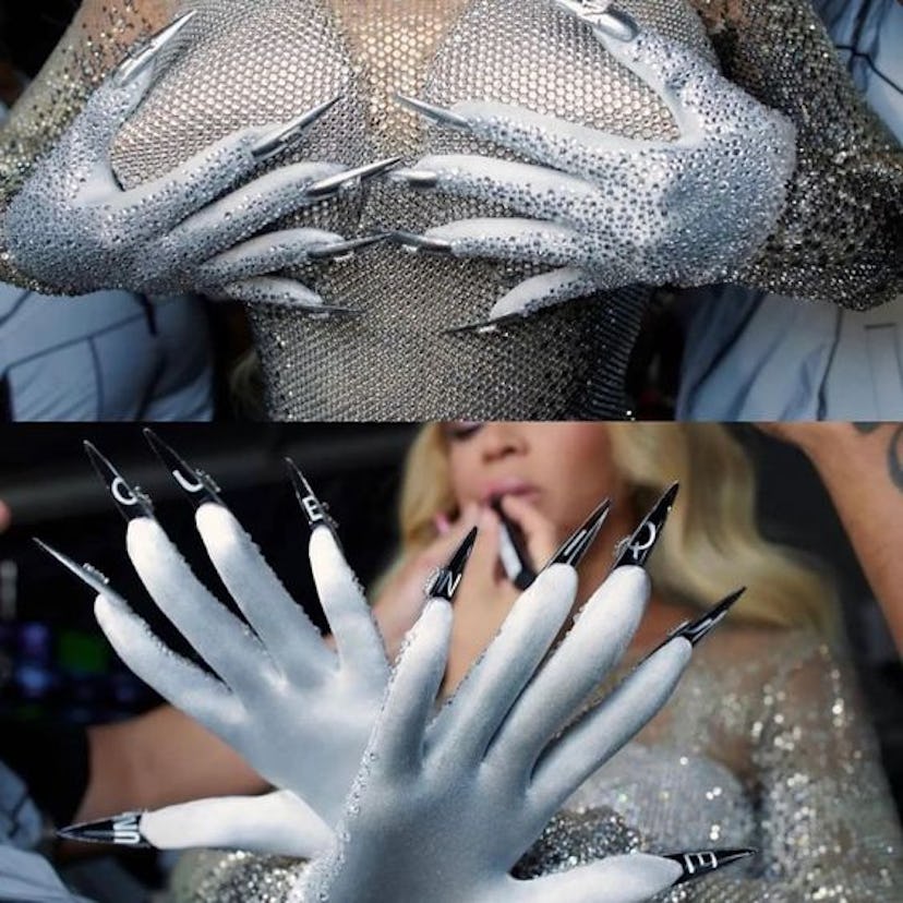 Beyoncé’s long chrome stiletto nails, painted by Coca Michelle for the Renaissance Tour’s Houston sh…