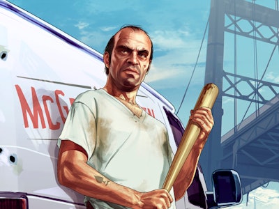 Artwork of Trevor, one of the main characters in Grand Theft Auto V, leaning against a van with a ba...