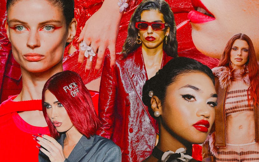 Collage of diverse young women in fashionable attire exuding confidence, with bold red-themed elemen...