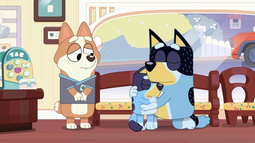 Nurse Corgi, Bluey and Bandit mourning the loss of a little budgie in "Copycat," an episode of 'Blue...