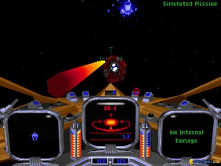 A screenshot from the cockpit in Star Crusader, Take-Two's first game.