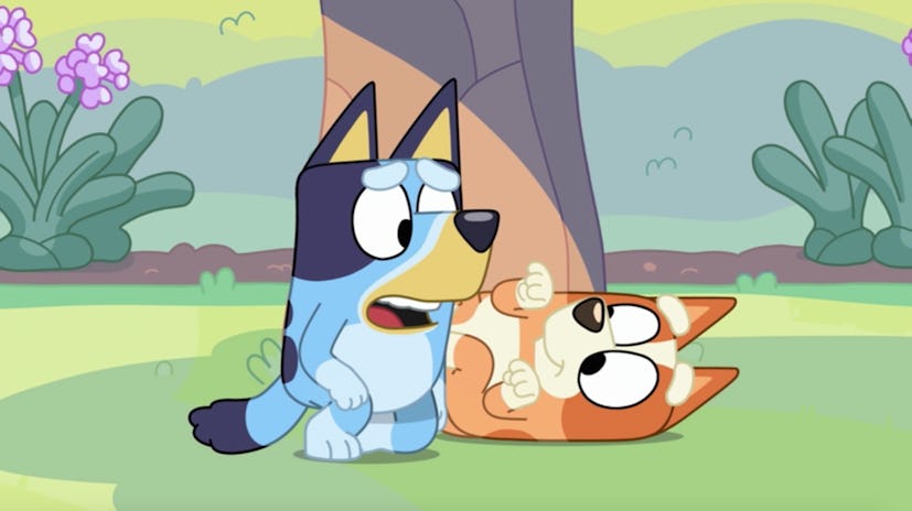 Bluey pretending with her sister Bingo in the 'Bluey' episode about death.
