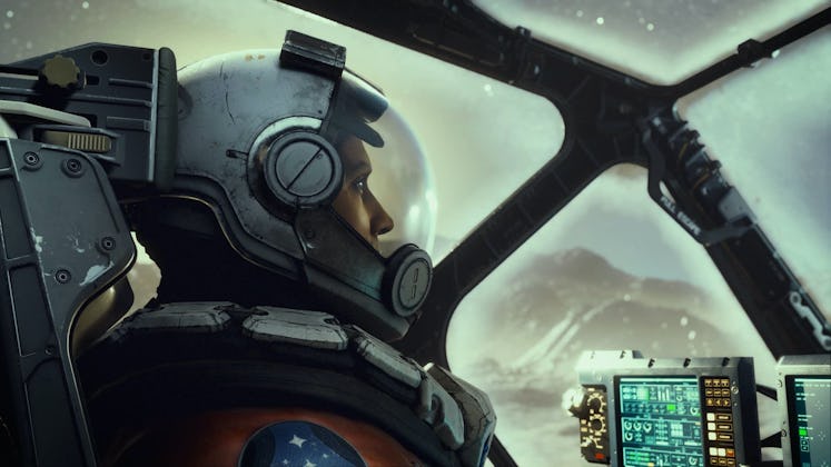 In a screenshot from Starfield, a hero is seen in the cockpit of a ship.