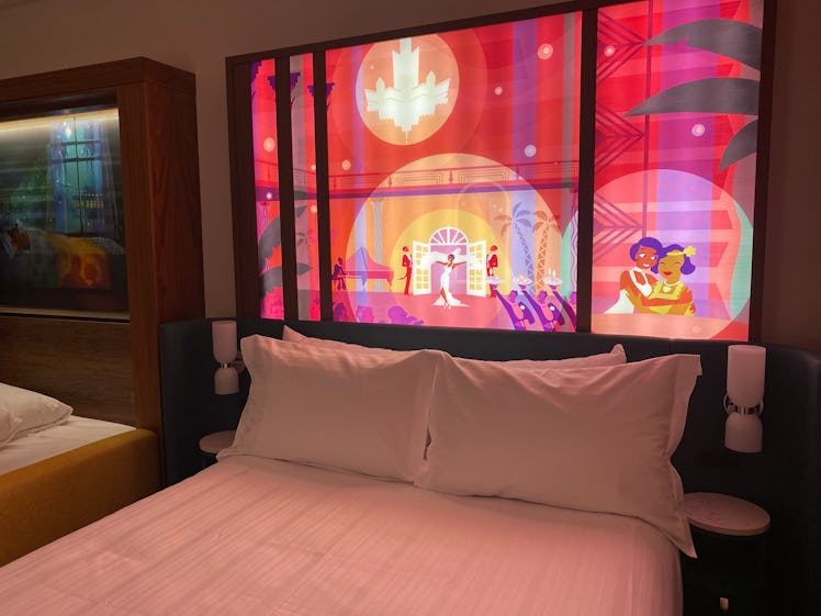 The headboard at the Villas at Disneyland Hotel light up with 'Princess and the Frog' art. 