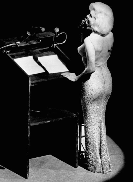 Marilyn Monroe sings "Happy Birthday" to President John F. Kennedy at Madison Square Garden, for his...
