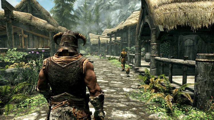 A character walks in the world of Skyrim.