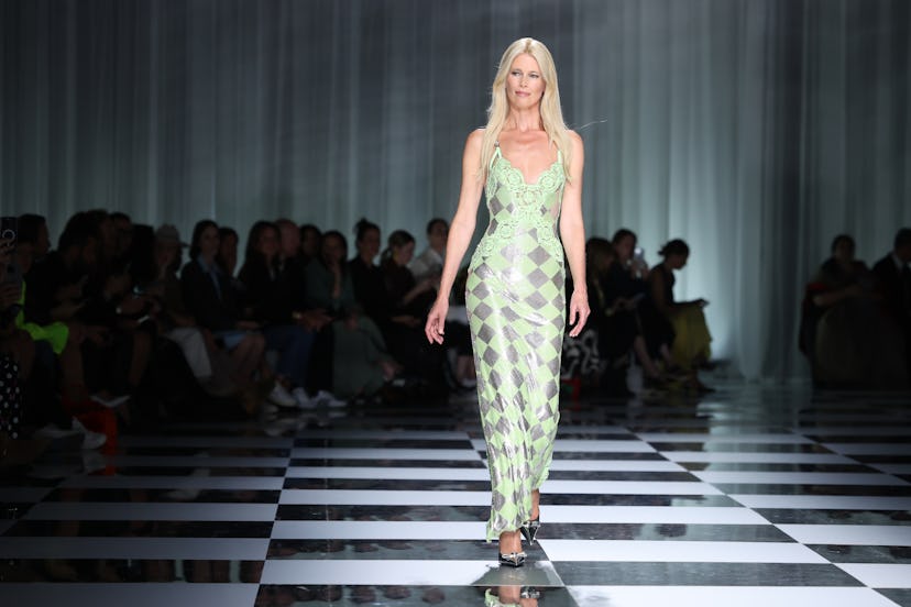 Claudia Schiffer walks the runway at the Versace fashion show during the Milan Fashion Week Womenswe...