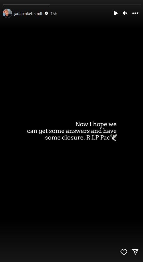 Jada Pinkett Smith reacts to the arrest of a suspect in the killing of Tupac Shakur.