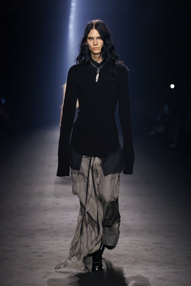 A model walks the runway during the Ann Demeulemeester Womenswear Spring/Summer 2024 show as part of...