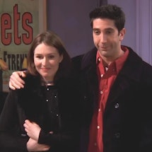 Helen Baxendale and David Schwimmer as Emily Waltham and Ross Gellar in 'Friends'