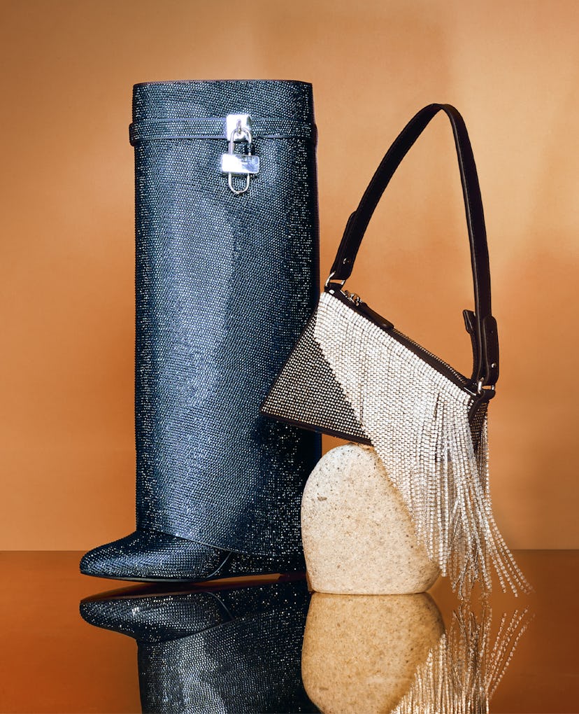 Glitter shoe and bag trends for fall 2023.