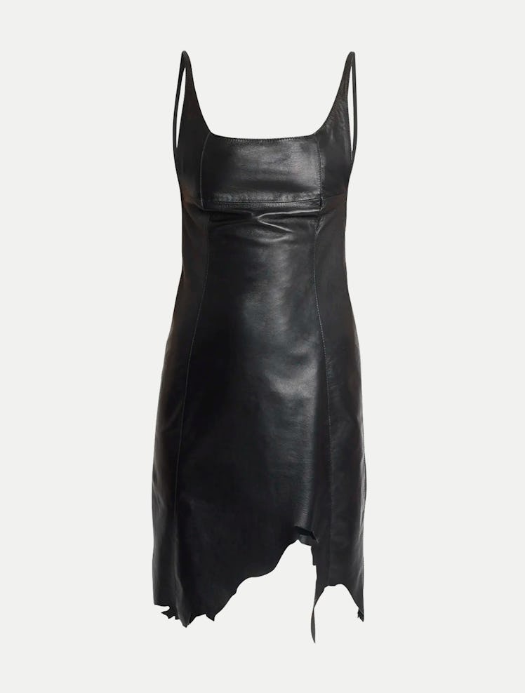 Uneven-Hem Sleeveless Open-Back Leather Mini Dress