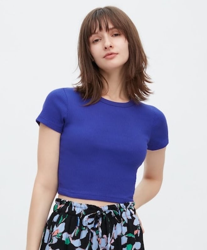 Ribbed Crew Neck Short-Sleeve Cropped T-Shirt