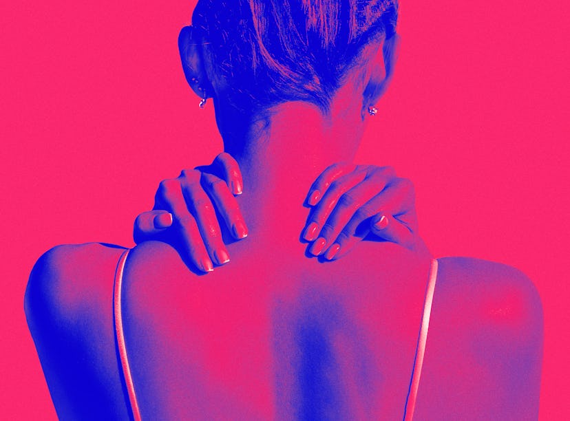 young woman with hands on her neck, demonstrating sexual choking