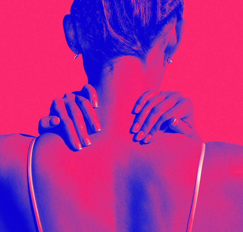 young woman with hands on her neck, demonstrating sexual choking
