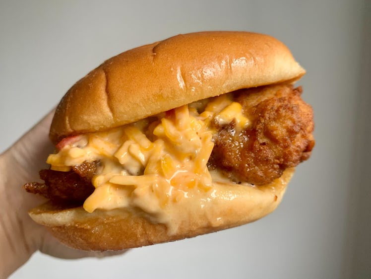 A photo of Chick-fil-A’s honey pimento chicken sandwich, which a writer reviews to see what it taste...