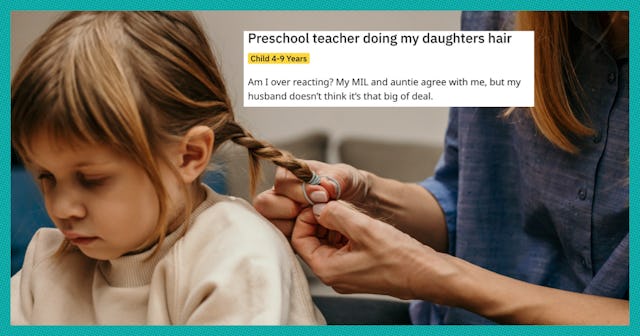 preschool child playing while teacher is doing her hair.