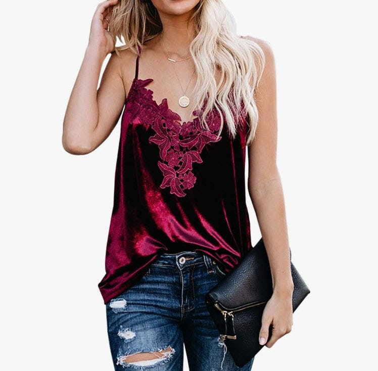 lime flare Velvet V Neck Lace Cami Tank Top