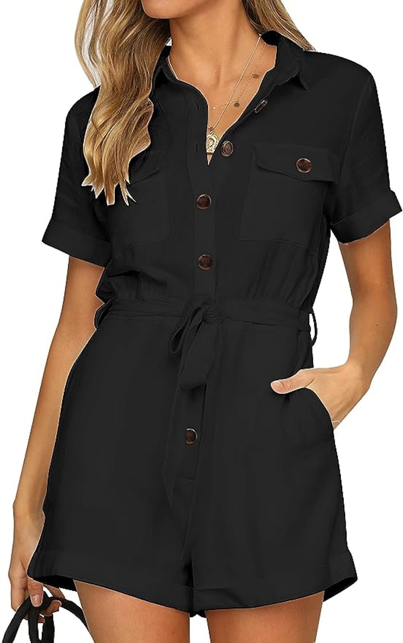 GRAPENT Belted Short Sleeve Romper