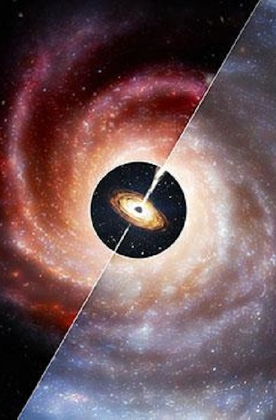 Artistic representation of the universe, showing a spiral galaxy in the "Nearby Universe" and colorf...