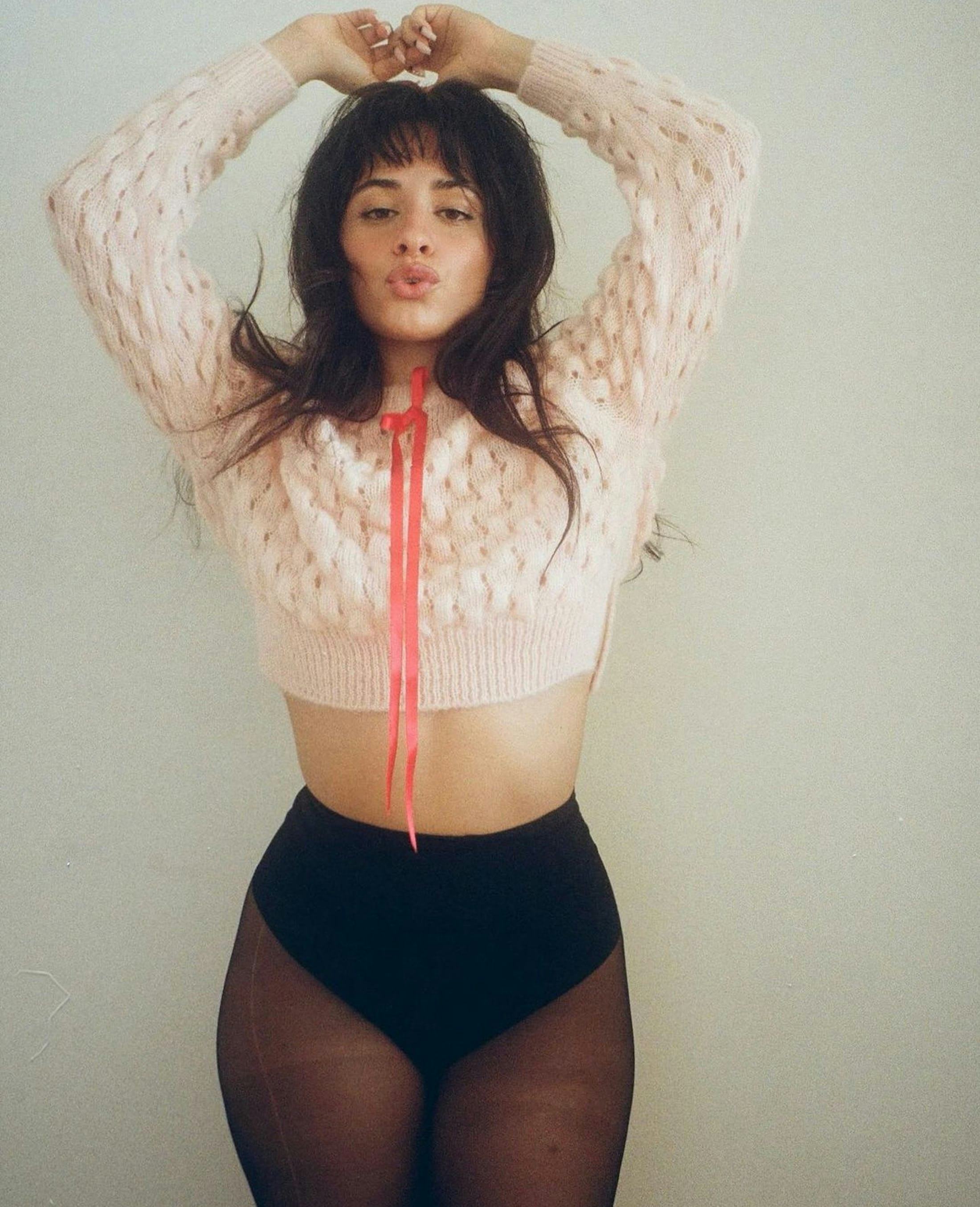 Camila Cabello wears a pink sweater and black undies.