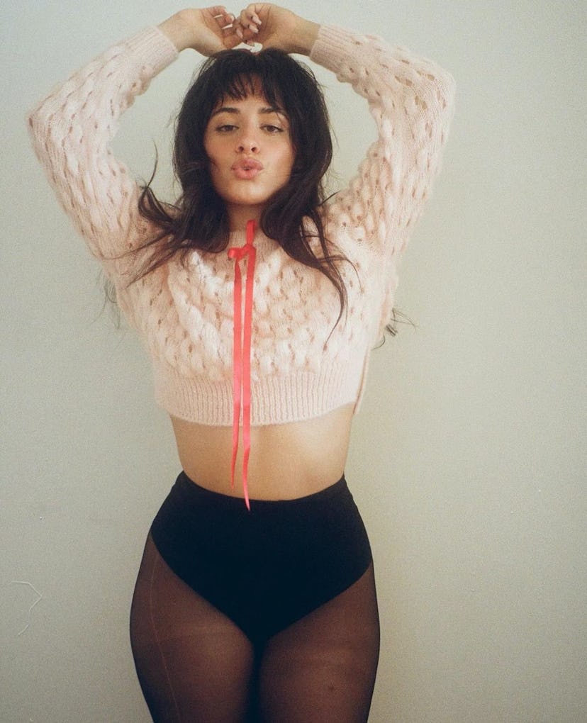 Camila Cabello wears a pink sweater and black undies. 