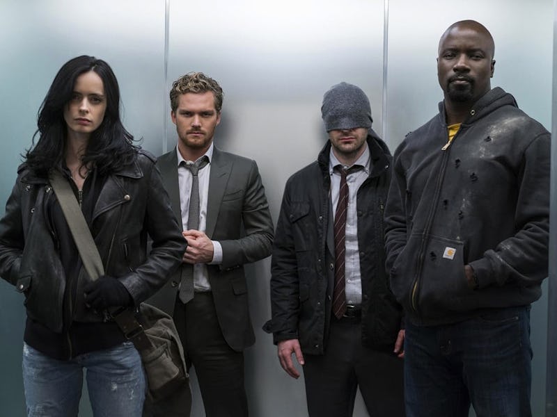 Jessica Jones (Kirsten Ritter), Danny Rand (Finn Jones), Matt Murdock (Charlie Cox) and Luke Cage (M...