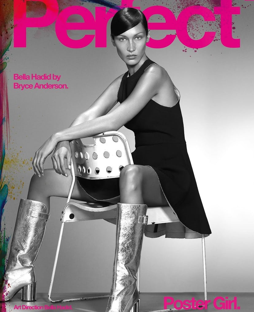 Bella Hadid wears a little black dress and metallic knee-high boots on the cover of Perfect Magazine