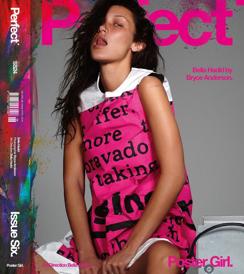 Bella Hadid wears a pink printed paper mini dress on the fourth cover of Perfect magazine