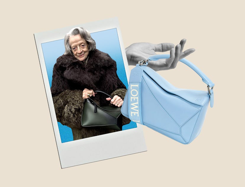 Dame Maggie Smith carries a Loewe Puzzle bag.