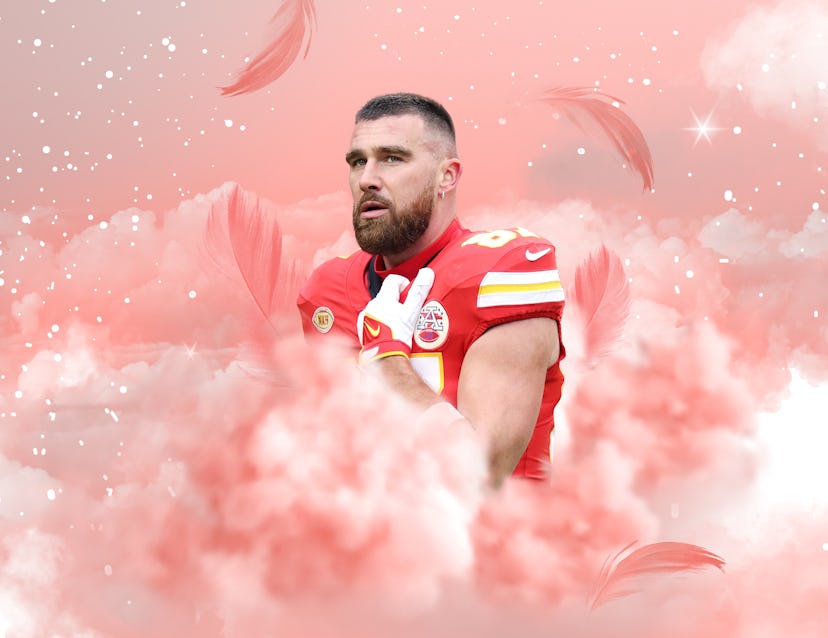 Travis Kelce, surrounded by pink clouds.