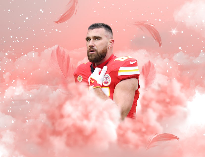 Travis Kelce, surrounded by pink clouds.