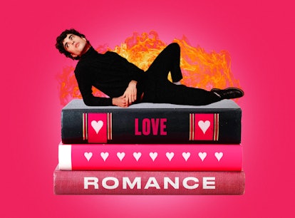 a boy sitting on top of romance books, representing a hot Book Boyfriend that's viral on TikTok
