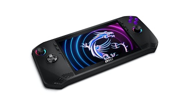 A MSI Claw handheld on a colorful background with pixellated objects.