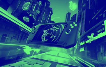 A handheld gaming console with a dragon design is superimposed over a neon-lit futuristic cityscape.