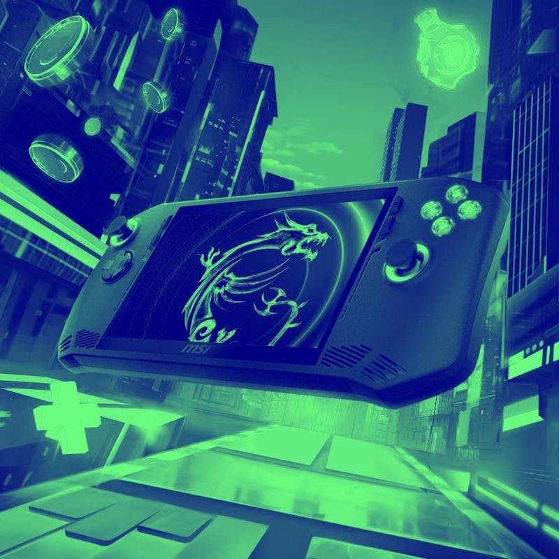 A handheld gaming console with a dragon design is superimposed over a neon-lit futuristic cityscape.