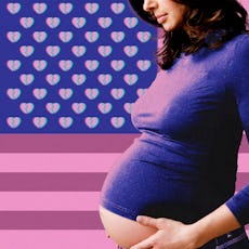 pregnant woman in front of a pink american flag with broken hearts as stars