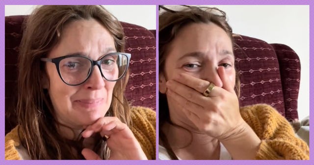 In the clip, a dressed-down Barrymore wipes away tears while sharing some sentimental thoughts from ...