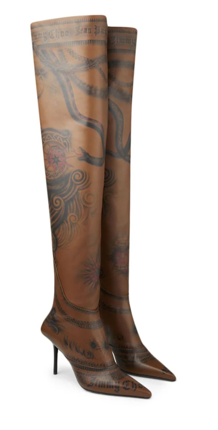 brown snake patterned knee-high boots