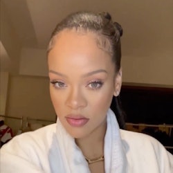 Rihanna minimalist makeup bathrobe