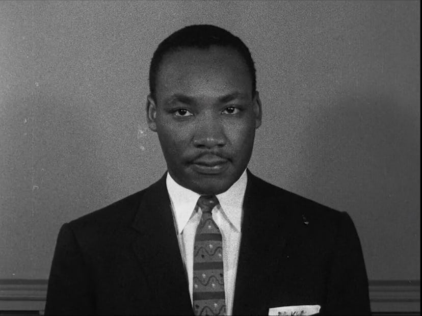 A black and white photo of Dr. Martin Luther King Jr. in the 2020 documentary 'MLK/FBI'
