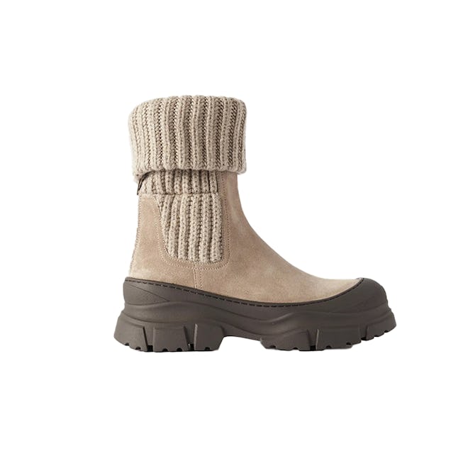 Brunello Cucinelli Suede-trimmed Ribbed-knit Ankle Boots