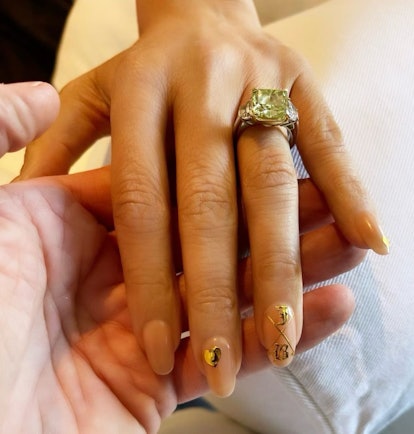Jennifer Lopez white and gold nails Valentine's Day
