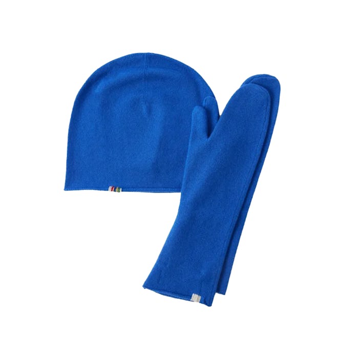 Extreme Cashmere Blue Stretch-cashmere Beanie and Mittens Set