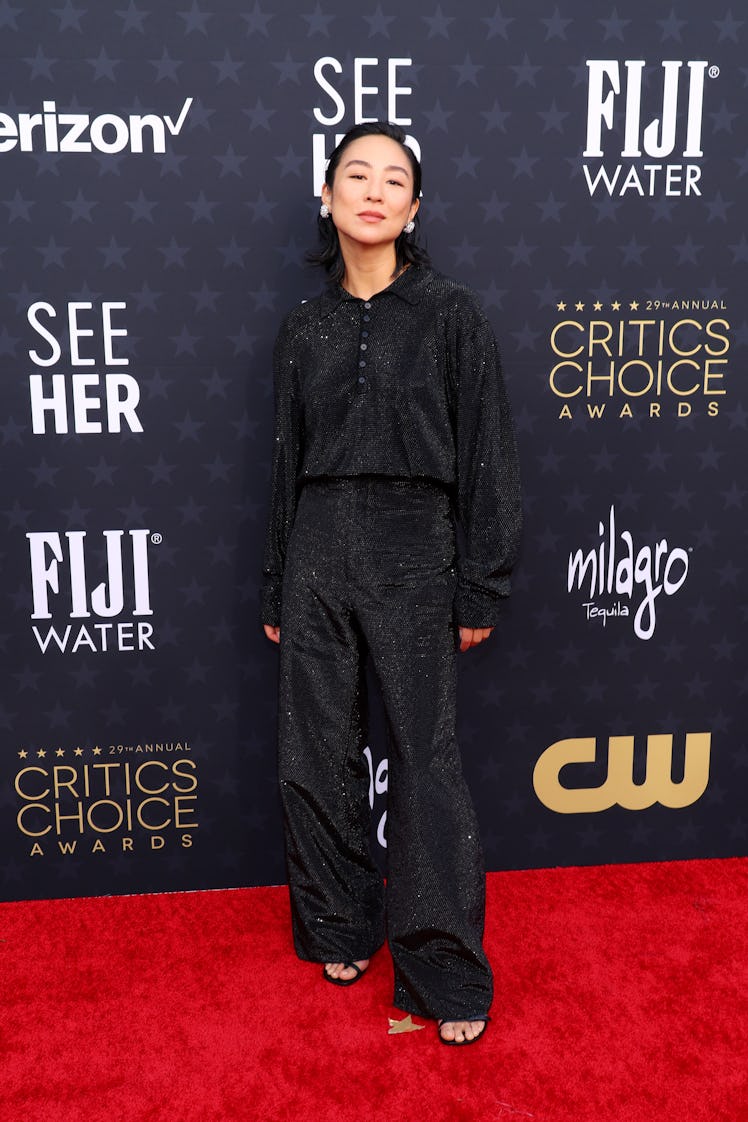 Greta Lee attends the 29th Annual Critics Choice Awards at Barker Hangar on January 14, 2024 in Sant...