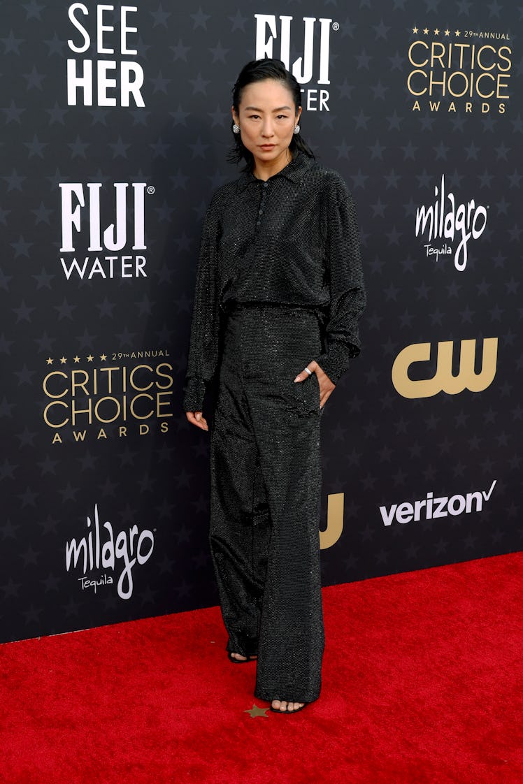 Greta Lee attends the 29th Annual Critics Choice Awards at Barker Hangar on January 14, 2024 in Sant...