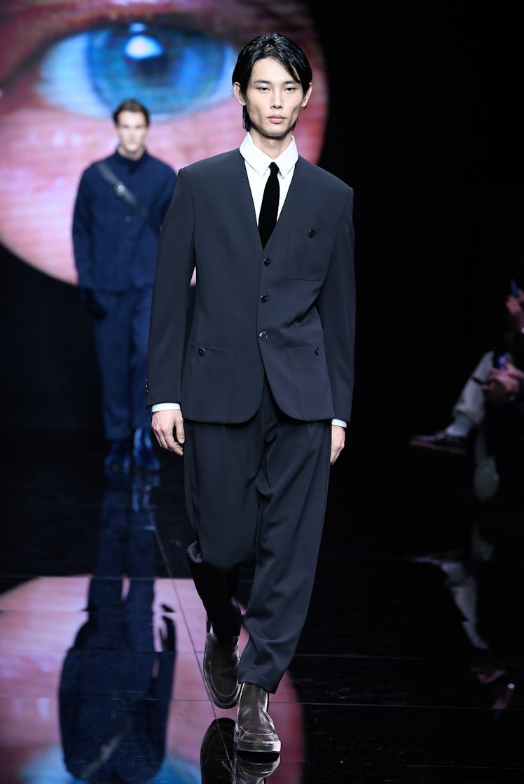 Model on the runway at Giorgio Armani Men's Fall 2024 as part of Milan Men's Fashion Week held on Ja...