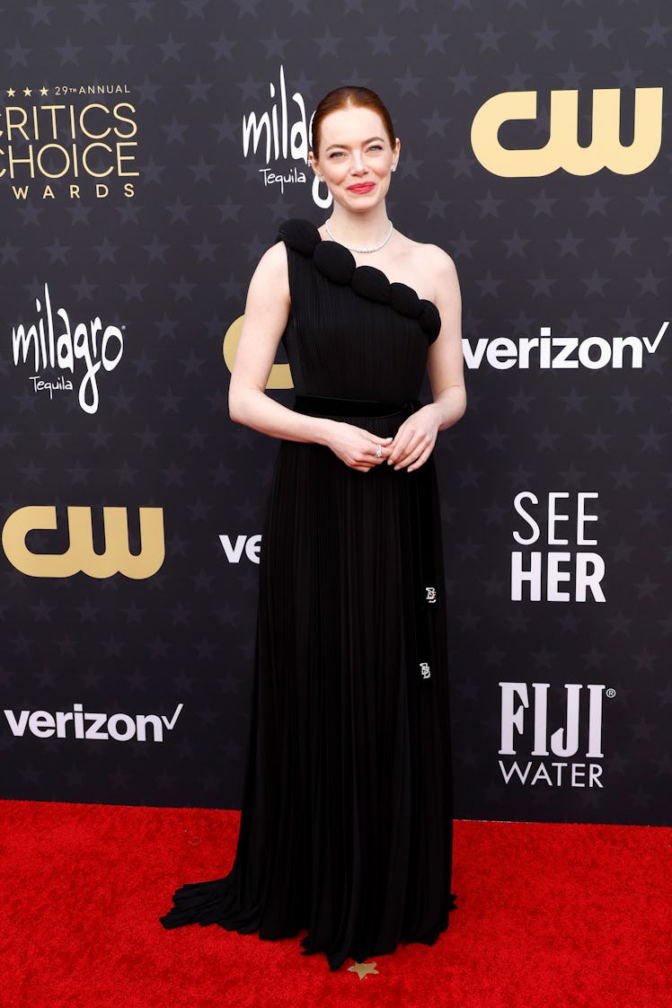 Emma Stone attends the 29th Annual Critics Choice Awards at Barker Hangar on January 14, 2024 in San...