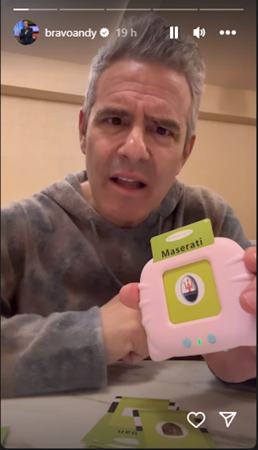 Andy Cohen's daughter is learning how to recognize the Maserati symbol.